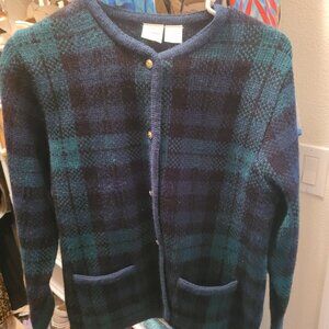 Green and blue checkered cardigan